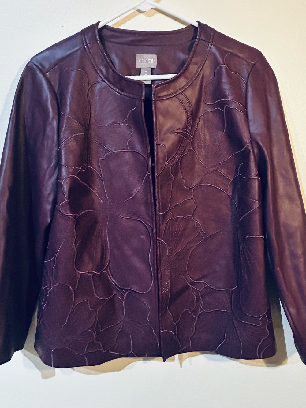 Chico's Plum Floral-Stitched Faux Leather Jacket
